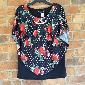Brody Myles Dark Floral Blouse Komono Style L Black Red White Polka Dot